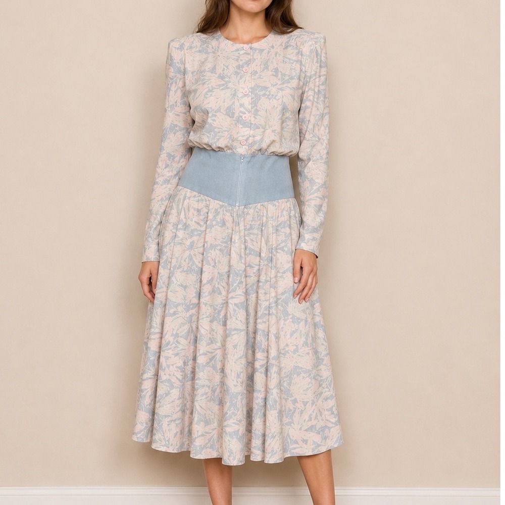 St Gillian Kay Unger Vintage Silk Dress Floral Long Sleeve Midi 6 formal 80s
